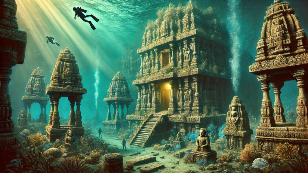 visualization of the legendary lost city of Dwarka submerged underwater