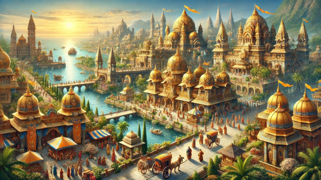 visualizing the ancient city of Dwarka as described in the Mahabharata, showcasing its grandeur and divine architecture.
