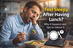 Man feeling sleepy after having lunch while working at desk explaining causes of post lunch fatigue